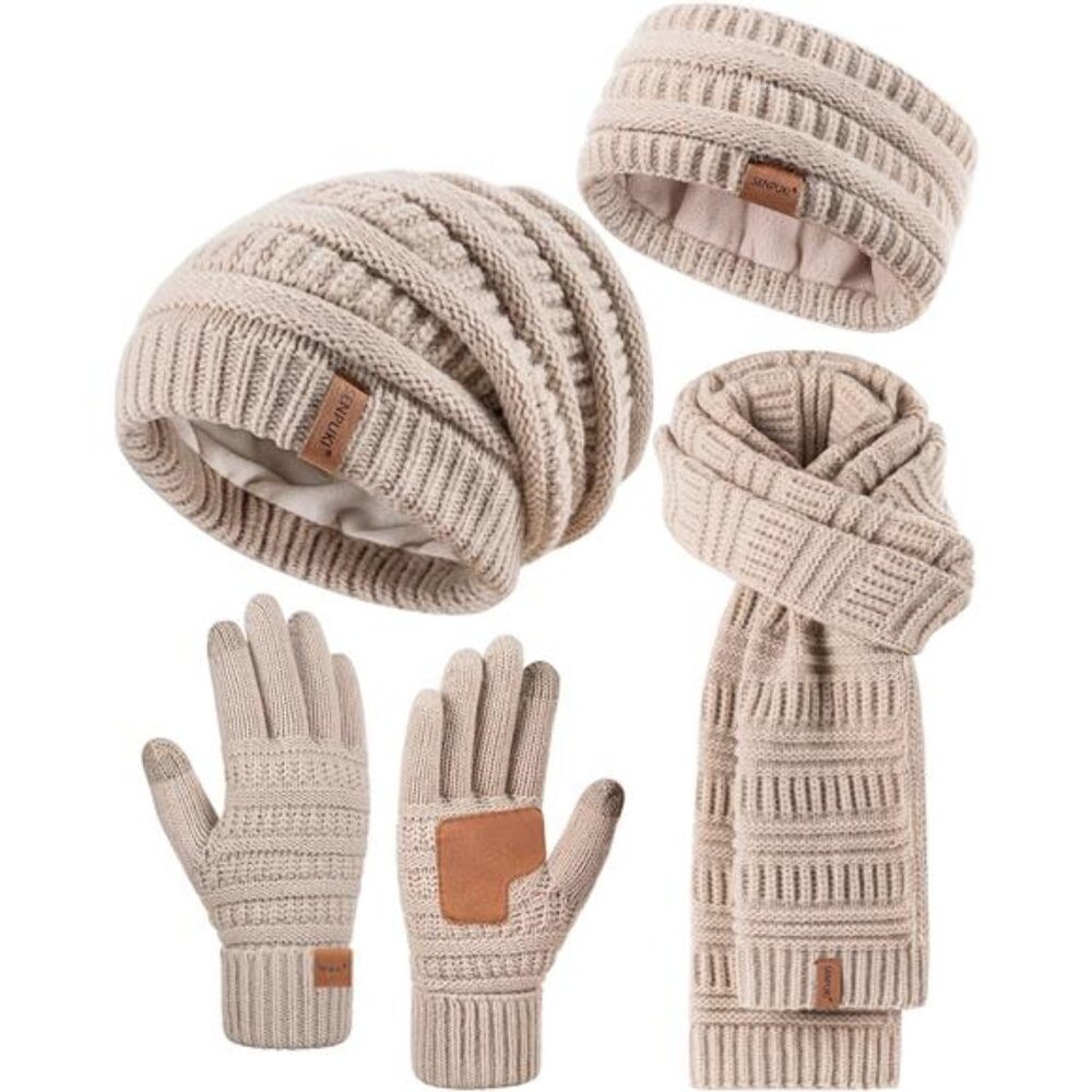 Womens Winter Beanie Hat Scarf Gloves Headband Set, Slouchy Beanie Ear Warmer